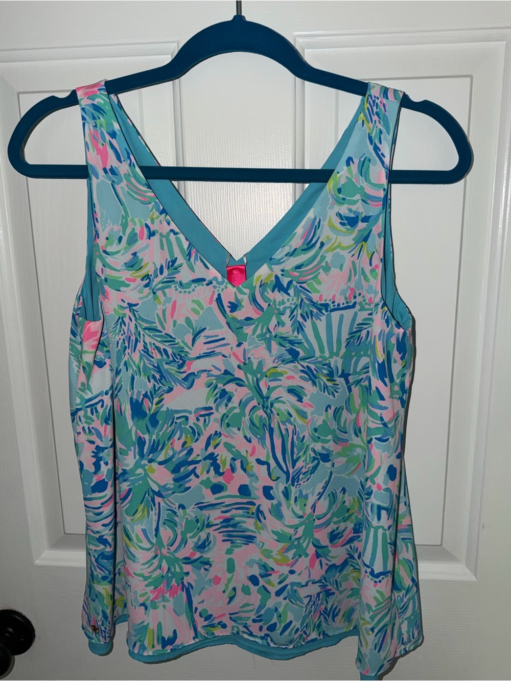Lilly Pulitzer Florin Reversible Sleeveless Top V-Neck Turquoise Pink Blue Small